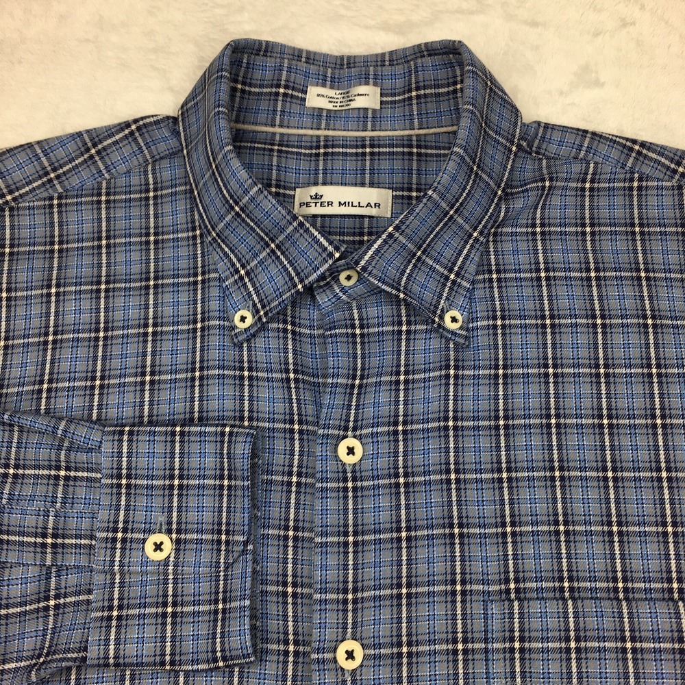 Peter Millar Shirt Mens Large Blue Plaid Cotton/Cashmere Blend Long Sleeves